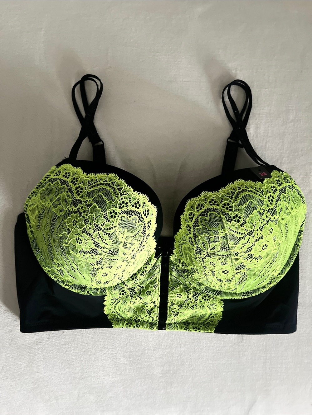 NWT La Senza Neon Green/Black Lace Longline/Bustier Push-Up Bra - 36D